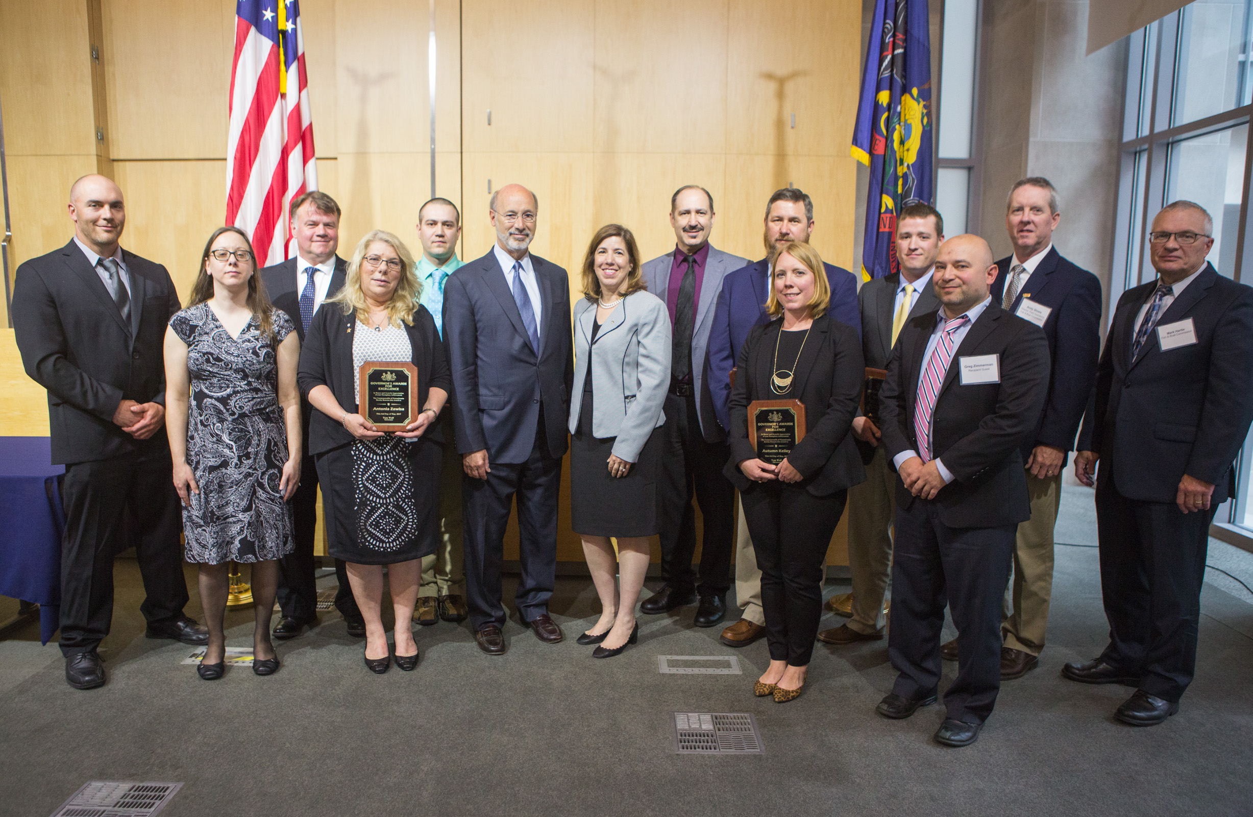 The recipients of a 2017 Governor's Award of Excellence pose with Governor Tom Wolf and PennDOT Secretary Leslie S. Richards.