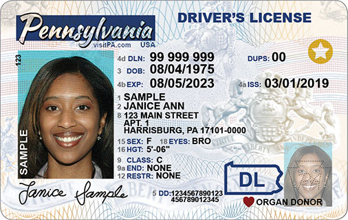 Pennsylvania sample license with a gold star depicting REAL ID compliance.