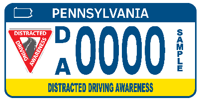 Standard blue and yellow PA license plate with a distracted driving logo on the left.