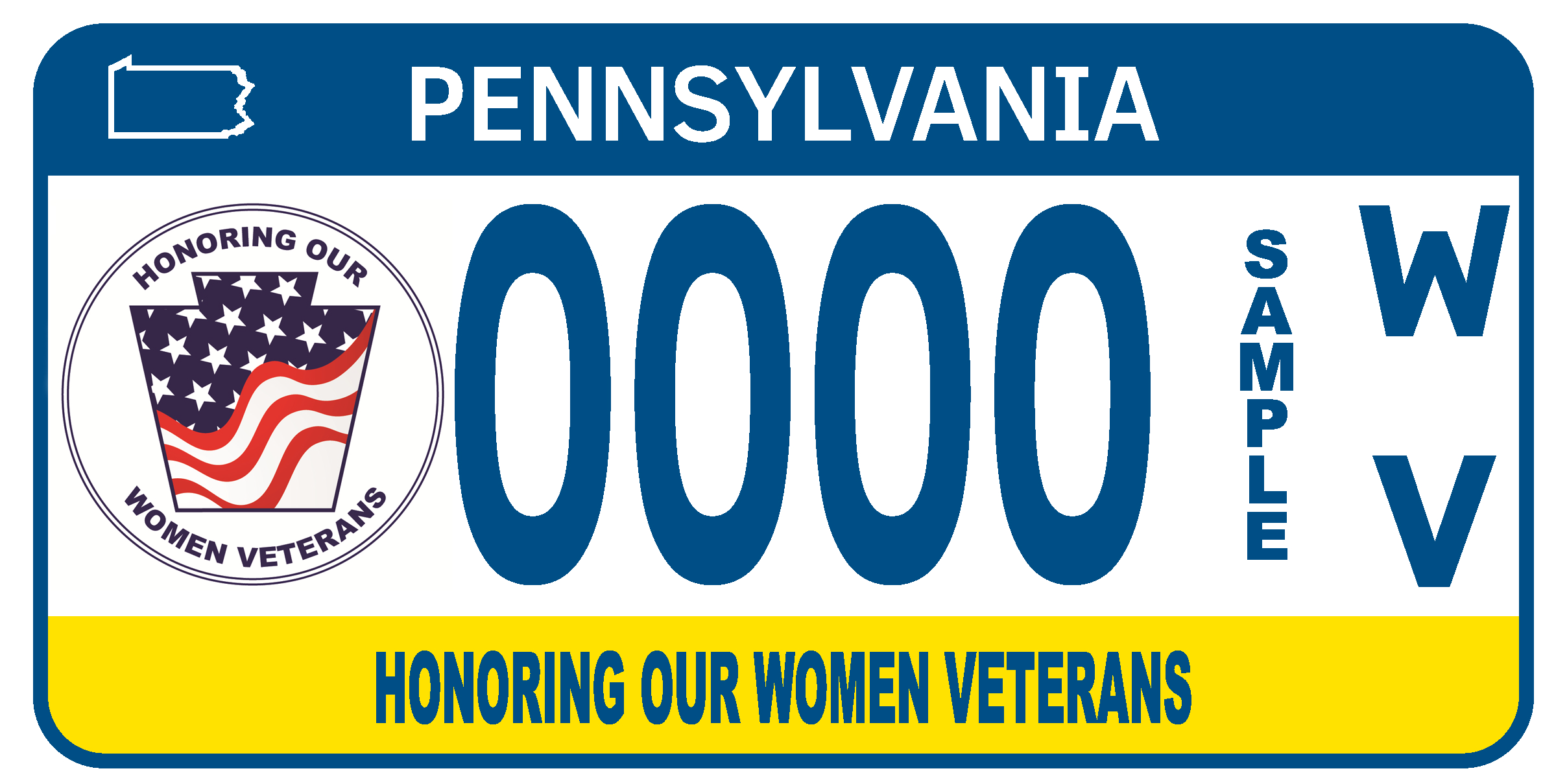 Standard yellow and blue Pennsylvania license plate with a honoring women veterans logo on the left.