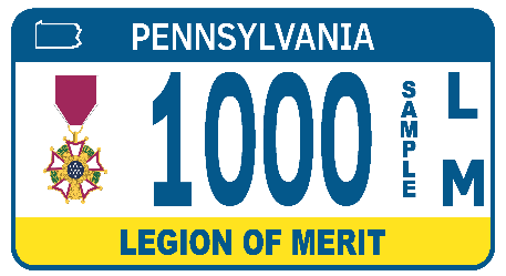 Standard Pennsylvania yellow and blue license plate with a Legion of Merit logo on the left.