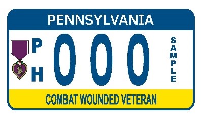 Standard Pennsylvania yellow and blue motorcycle license plate with a Purple Heart logo on the left.