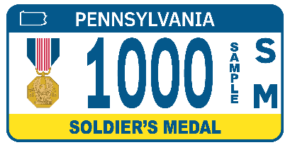 Standard Pennsylvania yellow and blue license plate with a Soldiers Medal logo on the left.