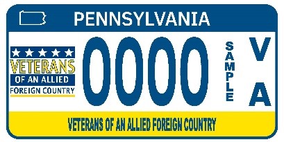 Standard Pennsylvania yellow and blue license plate with a Veterans of an Allied Foreign Country logo on the left.