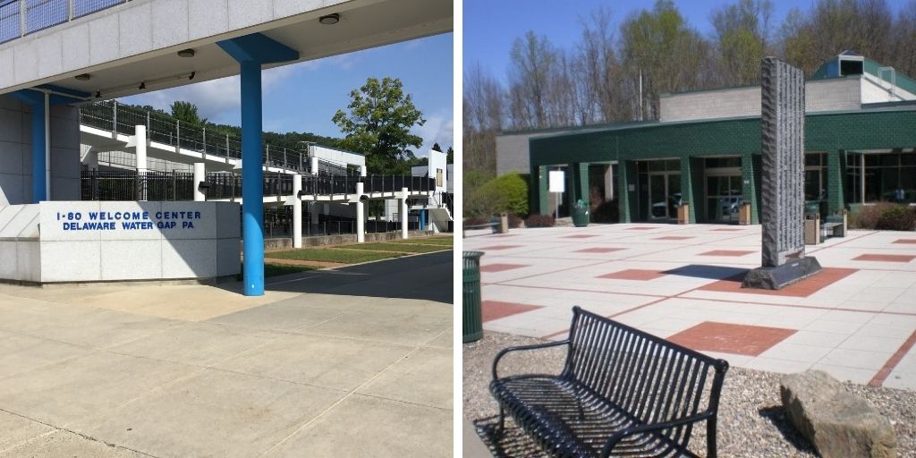 Photos of two Welcome Centers side-by-side, Delaware Water Gap and Greene