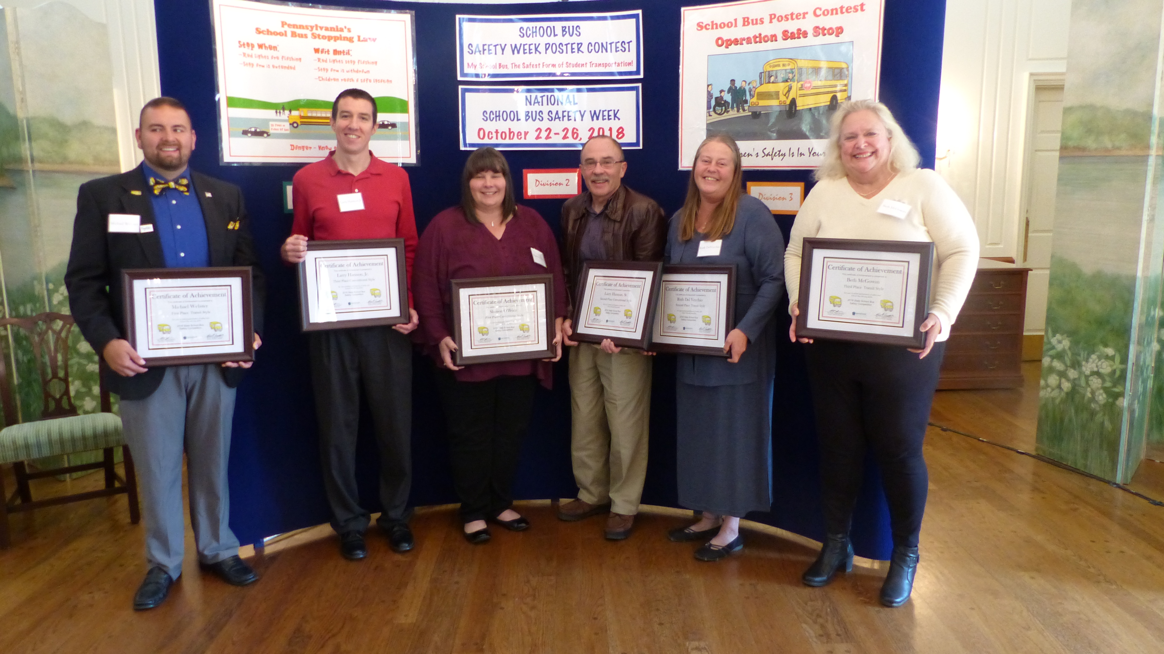 Winners of the school bus driving contest standing with their certificates, from left, Mike Webster, Larry Hannon Jr., Shanon O'Brien, Larry Hannon Sr., Ruth Del Vecchio, and Beth McGowan.