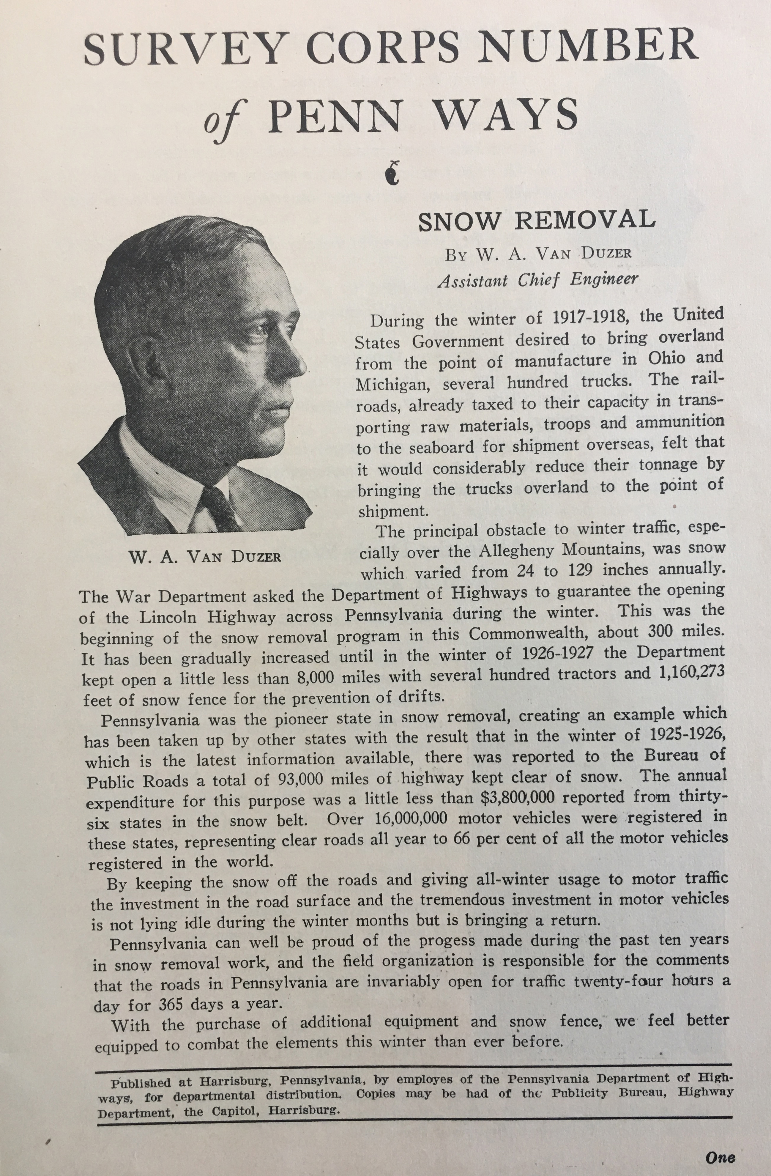 article from 1928 explaining origins of snow removal in PA