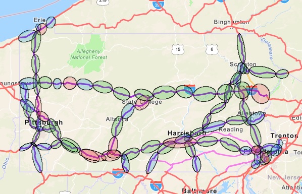 A map of exact locations for the EV charging corridors in Pennsylvania, connected to other states.