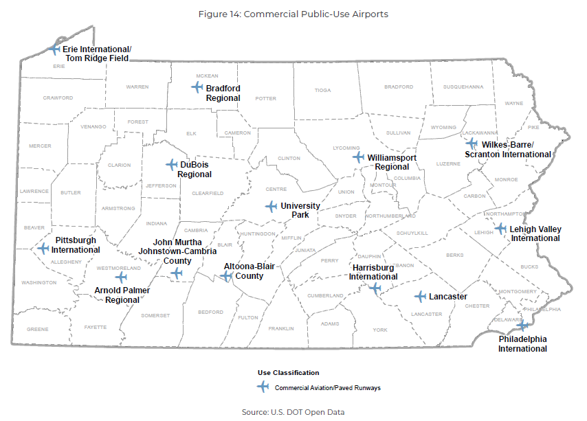 Figure 14 is a state map of Pennsylvania showing the state’s commercial, public-use airports.