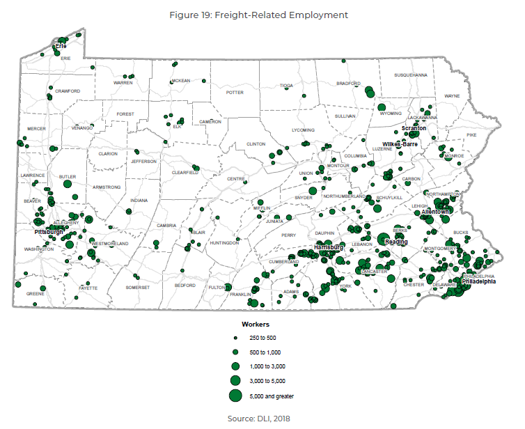 Figure 19 is a Pennsylvania state map illustrating freight-related employment, with large green circles depicting high levels of employment.