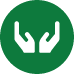 A small green icon with a small white opened hands within it