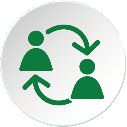 Green icon showing two people with arrows pointing to each other in a circular motion