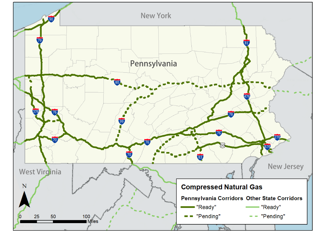 Map showing compressed natural gas corridors in Pennsylvania