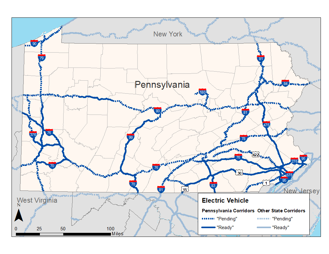 Map showing electric vehicle corridors in Pennsylvania