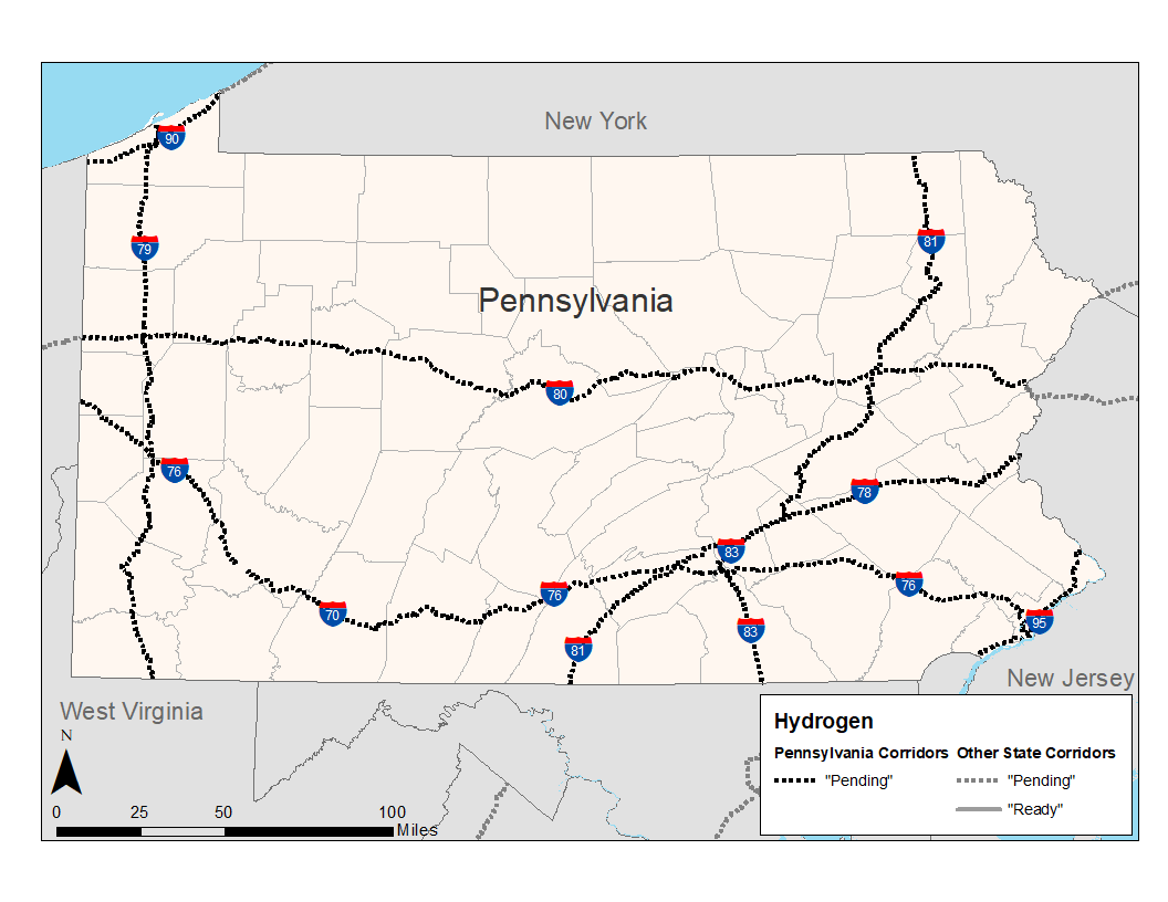 Map showing hydrogen corridors in Pennsylvania