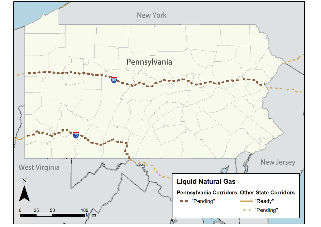 Map showing liquid natural gas corridors in Pennsylvania