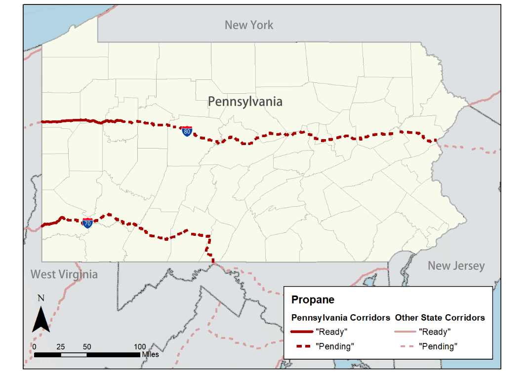 Map showing propane corridors in Pennsylvania