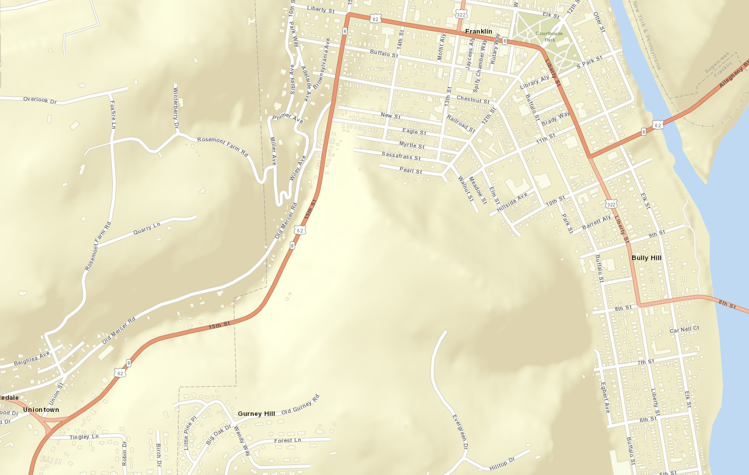 Map of Route 62-322 in Franklin, Venango County.