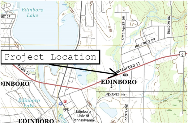 Map of Waterford Street in Edinboro. 