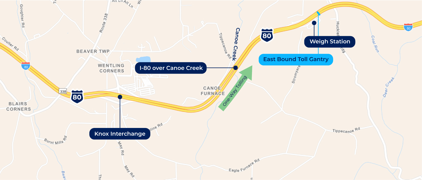 Map showing the proposed toll gantry locations for the I-80 Canoe Creek Bridges Project.
