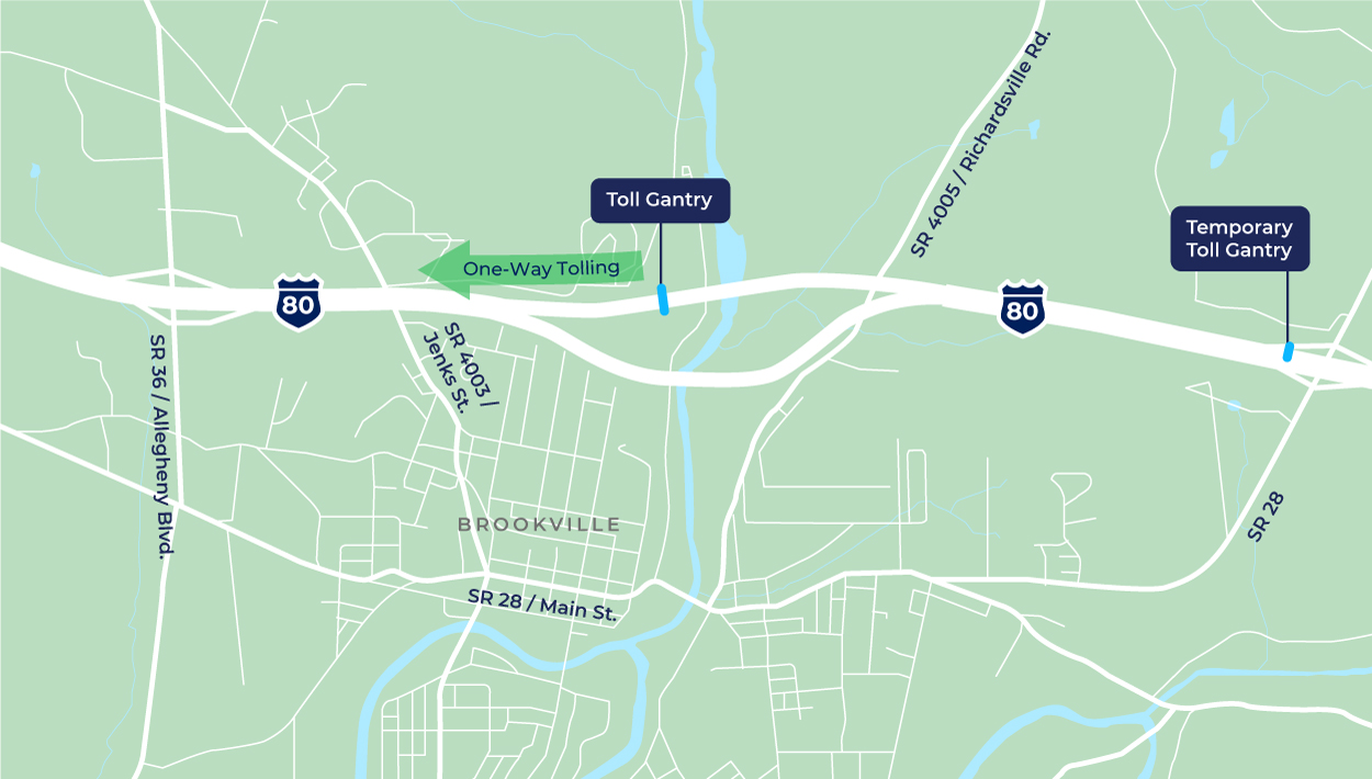 Map showing the proposed toll gantry locations for the I-80 North Fork Bridges Project.