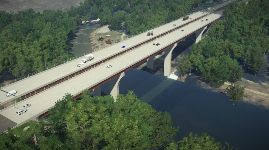Rendering of two bridges over a river.