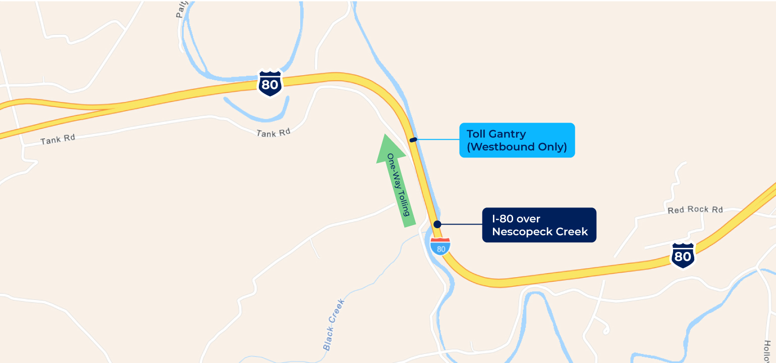 Map showing the proposed toll gantry locations for the I-80 Nescopeck Creek Bridges Project.