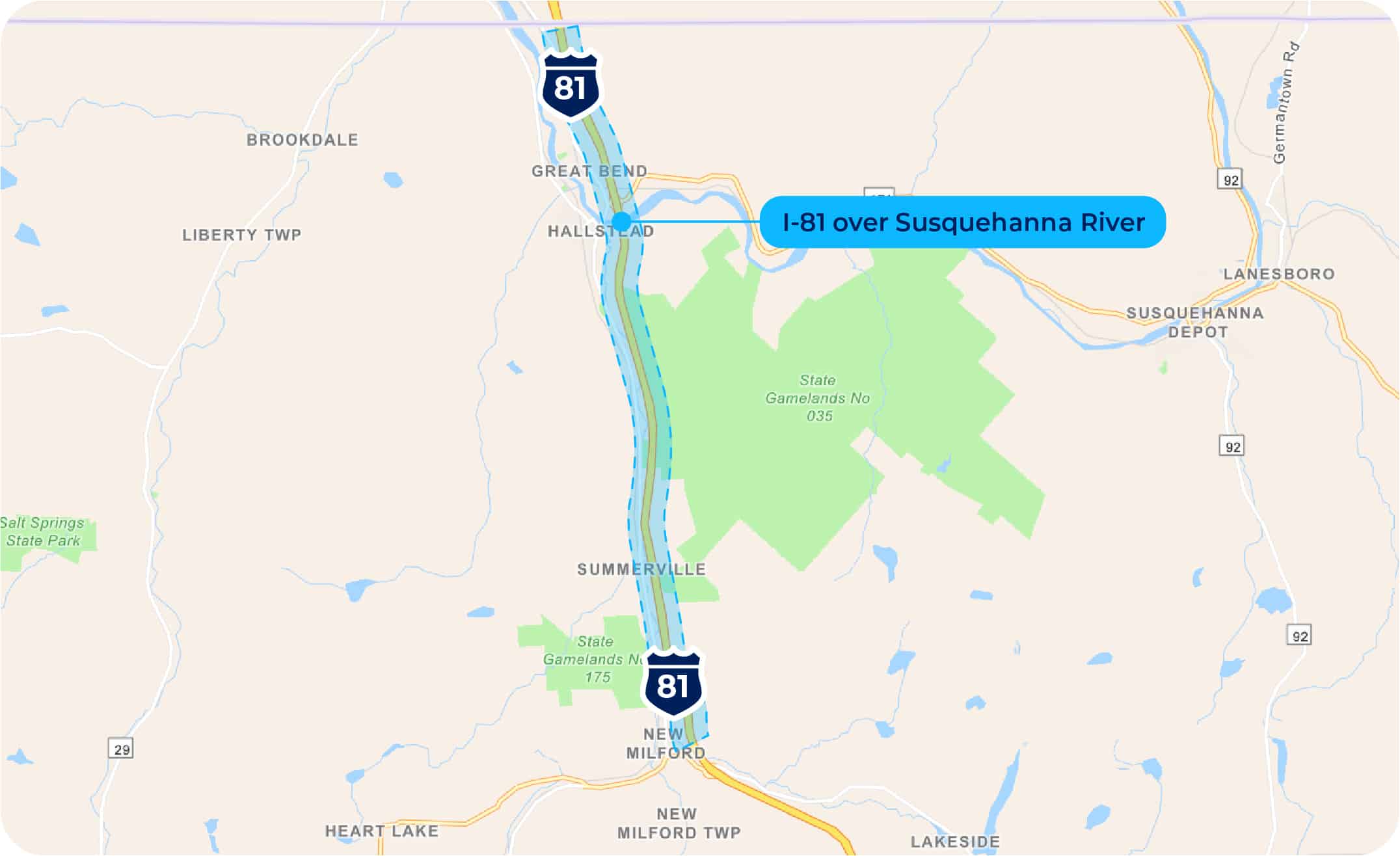 A map shows Interstate 81 crossing over the Susquehanna River near State Game Lands number 35.