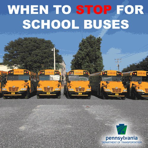 Animated graphic showing aspects of Pennsylvania's school bus stopping law
