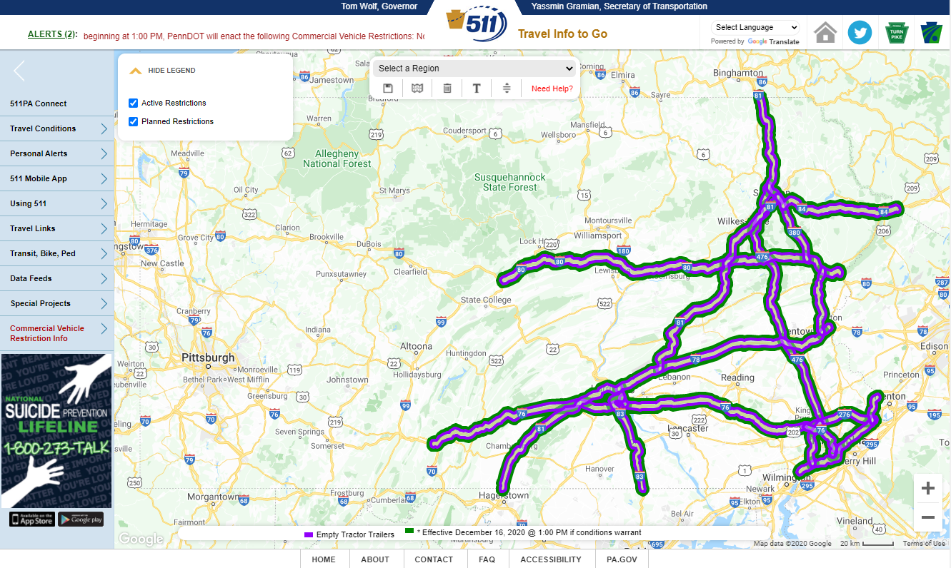 Screenshot of the 511PA map showing highlighted interstates where commercial vehicle restrictions are in place.
