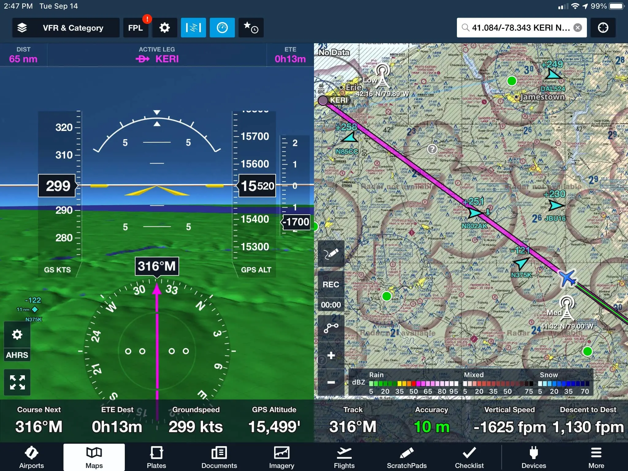 ForeFlight software depicts a mapped flight plan to Erie Airport, and displays flight data including coordinates, groundspeed, and GPS altitude.