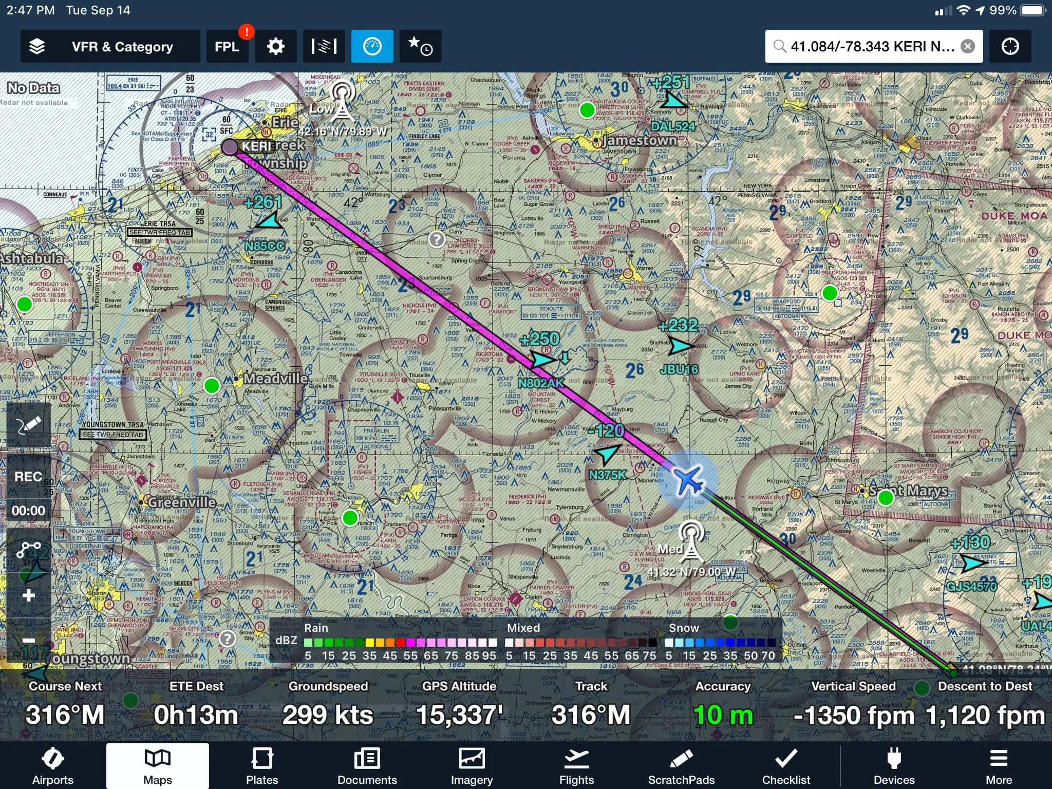 Electronic Foreflight charting software shows aerial flight information such as course, GPS altitude, and descent to destination alongside a map of northwestern Pennsylvania showing an aviation flight path represented by a pink line.