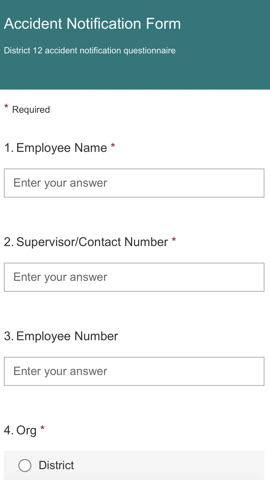 A screenshot of the Microsoft Form that shows the Accident Notification Form, with required fields of information to be completed.