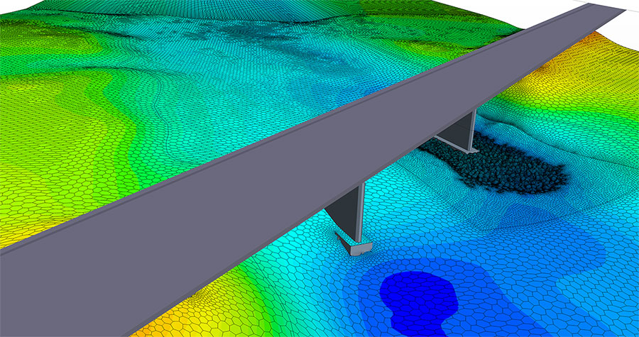 Two-dimensional hydraulic modeling image of a bridge project.