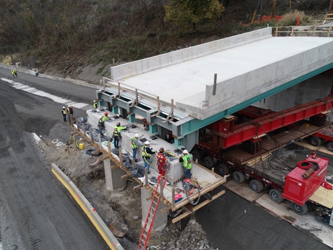 Aerial image of construction workers replacing the Shaler Street Bridge in Allegheny County.