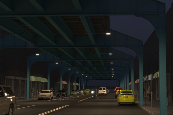 Urban city with bright white LED lights that improve visibility of pedestrians and other vehicles.