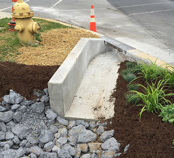 New sidewalk curb installation with orange safety cones, a fire hydrant, and straw over grass.