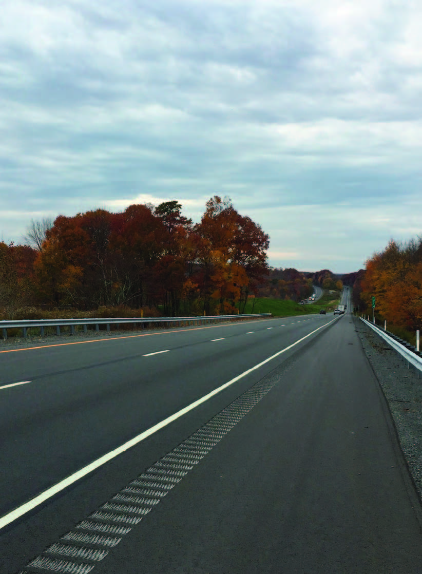 A smooth two-lane highway goes off into the distance surrounded by red and orange trees.