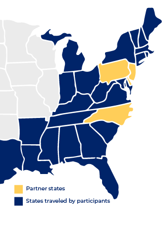 Map of the eastern United States with al of the East Coast highlighted as states traveled by participants of the Eastern Transportation Coalition. Pennsylvania, New Jersey, Washington, D.C., and North Carolina are highlighted as partner states.