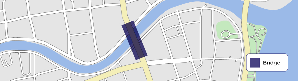 Map showing a bridge highlighted in blue