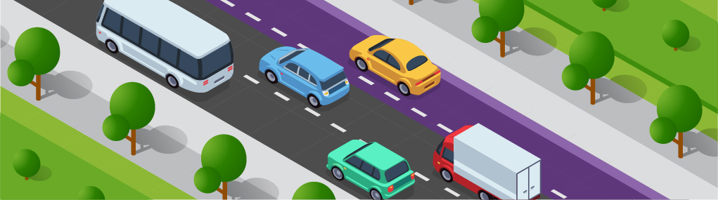 Vehicles driving down a road with one lane highlighed purple to represent a managed lane